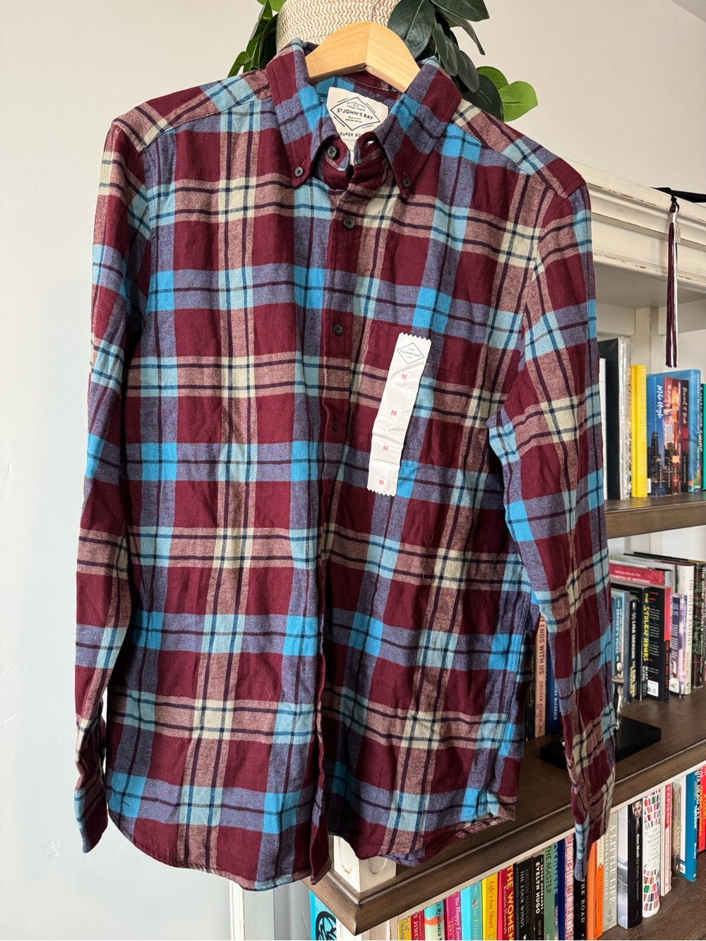 St. John's Bay Burgundy and Light Blue Plaid Button-Down Shirt